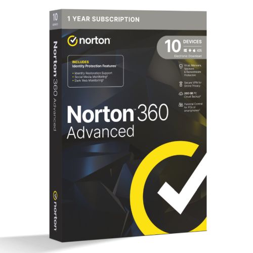 Norton 360 Advanced 1x 10 Device, 1 Year Retail Licence - 200GB Cloud Storage - PC, Mac, iOS &amp; Android *Non-enrolment*