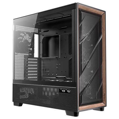 Antec FLUX Pro Gaming Case w/ Glass Side, E-ATX, Multi Vent Design, Mesh/Wood Front, 6 PWM Fans & Hub, USB-C, CPU/GPU Temp Display, Monitoring Software, Black