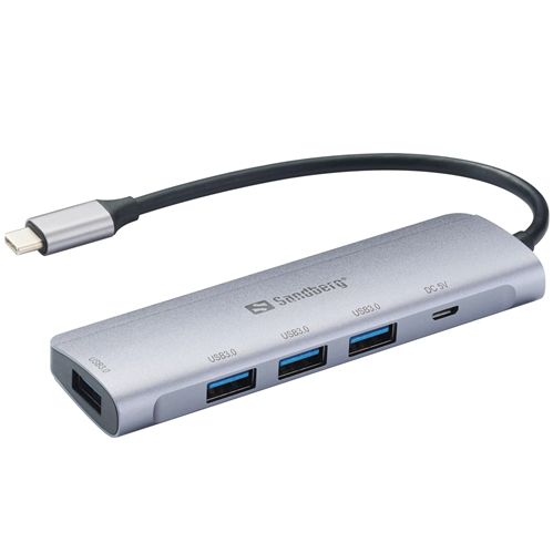 Sandberg External 4-Port USB-A Hub, 4x USB 3.0 Gen1 Type-A, Aluminium, USB Powered, 5 Year Warranty