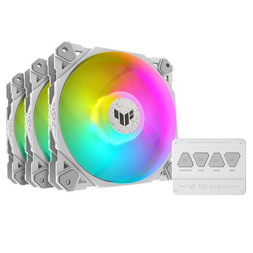 Asus TUF Gaming TF120 ARGB 12cm PWM Case Fans x3, Fluid Dynamic Bearing, Double-layer LED Array, Up to 1900 RPM, ARGB Hub included, White Edition - Baztex Cooling
