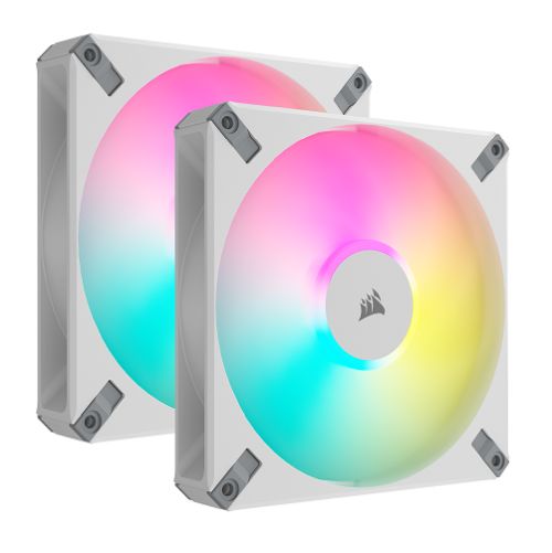 Corsair iCUE AF140 RGB ELITE 14cm PWM Case Fans x2, 8 ARGB LEDs, FDM Bearing, 500-1700 RPM, White, RGB Controller Included, 2 Pack - Baztex Cooling