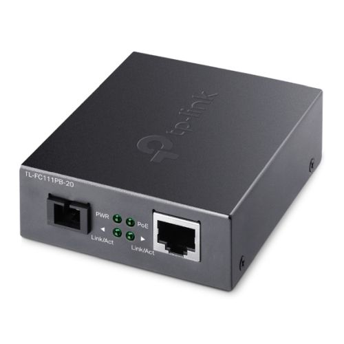 TP-LINK (TL-FC111PB-20) 10/100 Mbps WDM Media Converter with 1-Port PoE, up to 20km, 802.3u 10/100Base-TX, 100Base-FX, Single-Mode, Half-Duplex/Full-Duplex - Baztex Media Converters/Racks