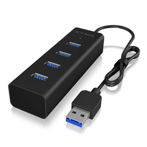 Icy Box (IB-HUB1409-U3) 4-Port USB-A Hub - USB-A Male, 4 x USB 3.0, LED Indicator, Aluminium, USB Powered - Baztex USB Hubs