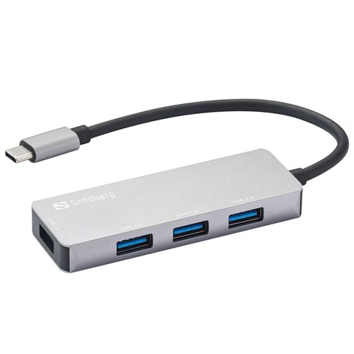 Sandberg External 4-Port USB-A Hub - USB-C Male, 1x USB 3.0, 3x USB 2.0, Aluminium, USB Powered, 5 Year Warranty