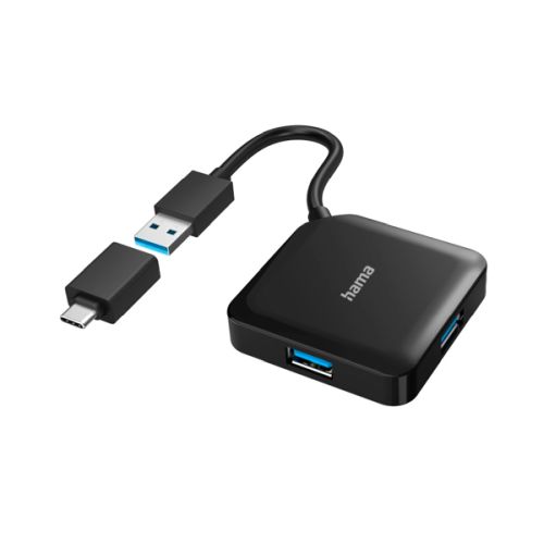 Hama External 4-Port USB 3.2 Gen 1 Hub, USB Powered, USB-A w/ USB-C Adapter - Baztex USB Hubs