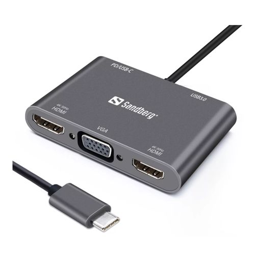 Sandberg (136-35) USB-C 5-in-1 Docking Station - USB-C (up to 100W), 2 x HDMI, VGA, USB-A, Aluminium, 5 Year Warranty - Baztex Multi-Output Docks