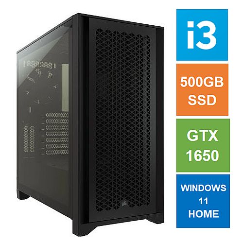 Spire ATX Gaming Tower PC, Corsair 4000D Case, i3-12100F, 8GB 3200MHz, 500GB SSD, GTX1650 GPU, Wi-Fi6, Bequiet 450W, Windows 11 Home