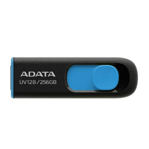ADATA 256GB USB 3.0 Memory Pen, UV128, Retractable, Capless, Black & Blue - Baztex USB Pen Drives