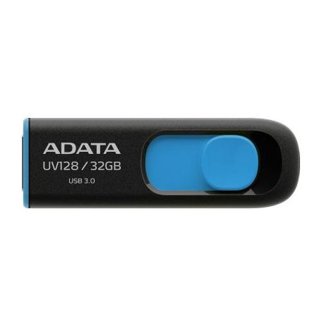 ADATA 32GB USB 3.0 Memory Pen, UV128, Retractable, Capless, Black & Blue - Baztex USB Pen Drives