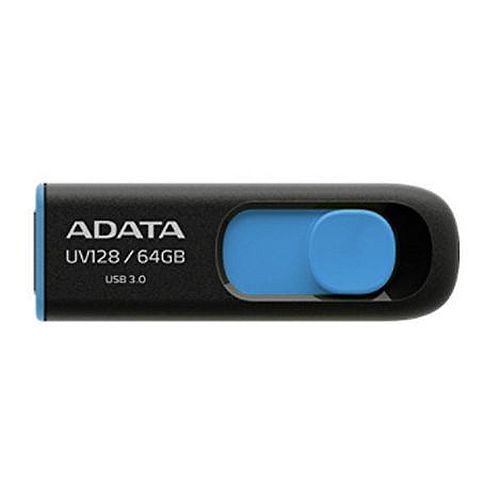 ADATA 64GB USB 3.0 Memory Pen, UV128, Retractable, Capless, Black & Blue - Baztex USB Pen Drives