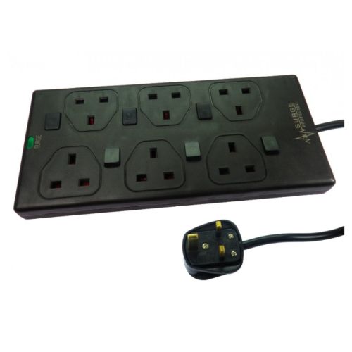 Spire Mains Power Multi Socket Extension Lead, 6-Way, 3M Cable, Surge Protected, Status LED, Individually Switched, Black