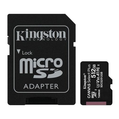 Kingston 512GB Canvas Select Plus Micro SD Card with SD Adapter, UHS-I Class 10 with A1 App Performance - Baztex Memory Cards