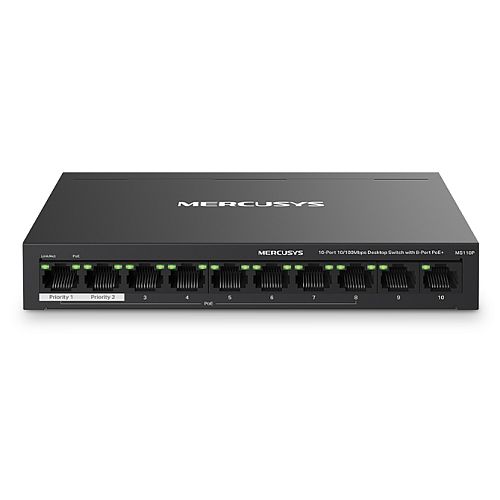 Mercusys (MS110P) 10-Port 10/100Mbps Desktop Switch with 8-Port PoE+, Metal Case - Baztex Switches
