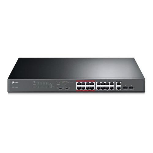 TP-LINK (TL-SL1218MP) 16-Port 10/100Mbps + 2-Port GB Unmanaged PoE Switch, 2 combo GB SFP Slots, 16-Port PoE, Rackmountable - Baztex Switches